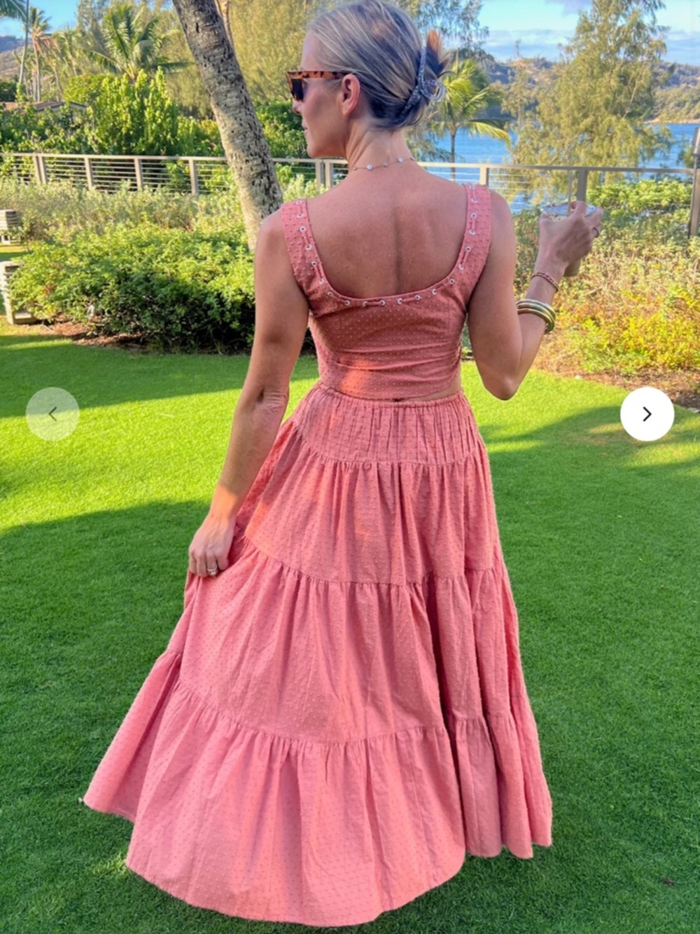 vestique Coral Pink Tiered Maxi Dress with Scoop Back